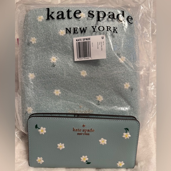 ❣️NEW❣️ Kate Spade Wallet embroidered lea aphrodite green blue daisy large - Picture 8 of 8